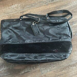 Coach Black Sequin Shiny Logo Duffle Tote Shoulder Bag Signature C Monogram
